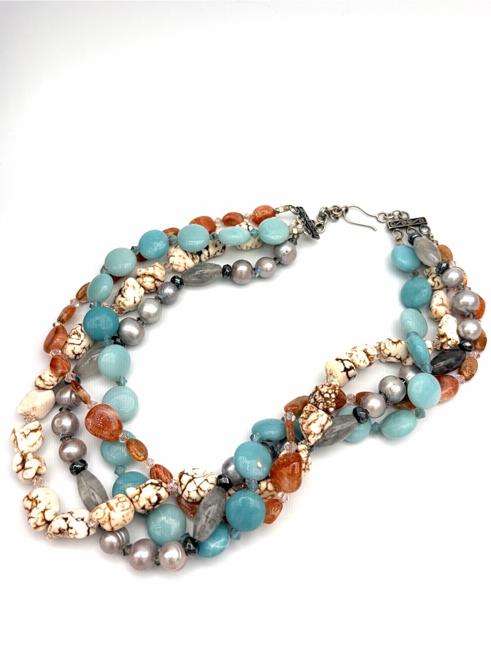Multi-Strand Turquoise & Amber Beaded Necklace - Women Jewelry- Vintage